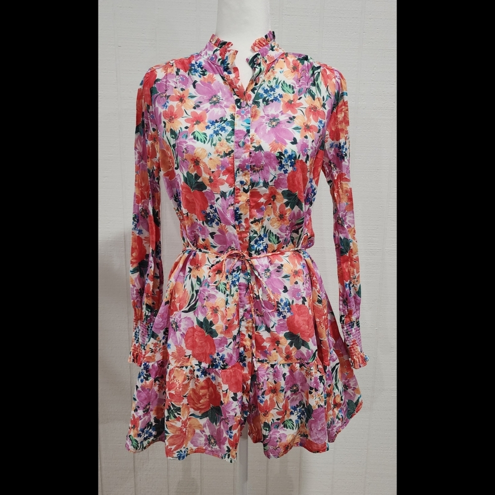 Fate Floral Dress Sz Small Button Down Tiered Belted Smocked Cuffs Lined Cotton